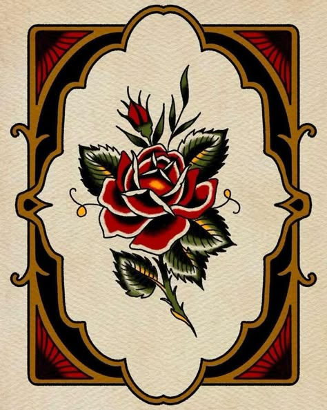 Classic American Traditional Rose. Colorado Springs tattoo. Antique traditional tattooing. Traditional Rose With Banner Tattoo, Frame Border Tattoo, American Traditional Art Paintings, Traditional Tattoo Frame Design, American Traditional Frame Tattoo, American Traditional Line Work, American Traditional Border, American Traditional Painting, Frame Traditional Tattoo