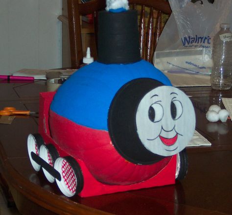 Thomas the train pumpkin I made from 2011 Pumpkin Train Ideas, Thomas The Train Pumpkin, Train Pumpkin Carving, Elephant Baby Shower Theme Girl, Pumpkins Decorated, Ryder James, Decorated Pumpkins, Class Mom, Pumpkin People