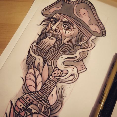 Pirates love rum Neo Traditional Pirate Tattoo, Traditional Pirate Tattoo, Tattoo Pirate, Pirate Tattoos, Amor Tattoo, Post Tattoo, Parrot Tattoo, Lower Leg Tattoos, Neo Tattoo