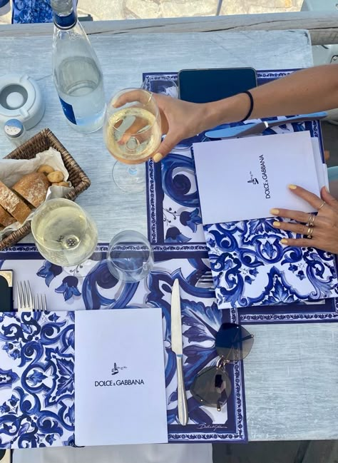 Amalfi Coast Print, Italy Mood Board, Dolce And Gabbana Aesthetic, Mediterranean Hotel, Greece Party, Beautiful Kitchenware, Blue Table Settings, Italy Wall Art, Wedding Spain