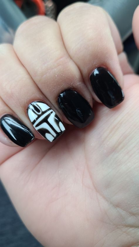 As a Star Wars nerd, theses are my favorite so far. My nail lady outdid herself!! Nerd Nails Art, Short Star Wars Nails, Star Wars Nail Art Easy, Nerd Nail Art, Star Wars Inspired Nails, Mandalorian Nail Art, Star Wars Nails Simple, Mandalorian Nails, Star Wars Nails Designs