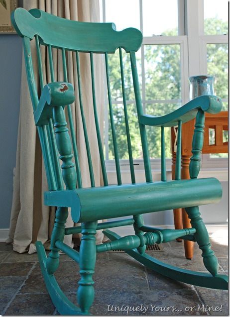 Distressed and refinished rocking chair, painted in ASCP Florence and Provence mix Rocking Chair Redo, Rocking Chair Makeover, Painted Rocking Chairs, Restored Furniture, Chair Redo, Modern Rocking Chair, Painting Stuff, Renovation Inspiration, Refinished Furniture