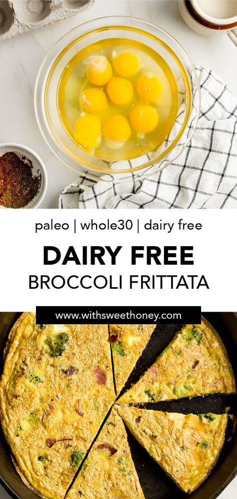 This Dairy Free Bacon Broccoli Frittata is a healthy breakfast, brunch, lunch or dinner recipe that is simple to make and will feed a whole family. Running low on time? No problem, this frittata is simple to make and easy to customize with ingredients you have on hand. It’s also dairy free, gluten free, Whole30 and Paleo friendly. #dairyfreerecipes #frittata #dairyfree #breakfast #brunch Dairy Free Omelette Recipe, Paleo Fall Recipes, Dairy Free Frittata, Broccoli Frittata, Dairy Free Breakfast Recipes, Family Running, Bacon Broccoli, Healthy Gluten Free Breakfast, Paleo Friendly Recipes