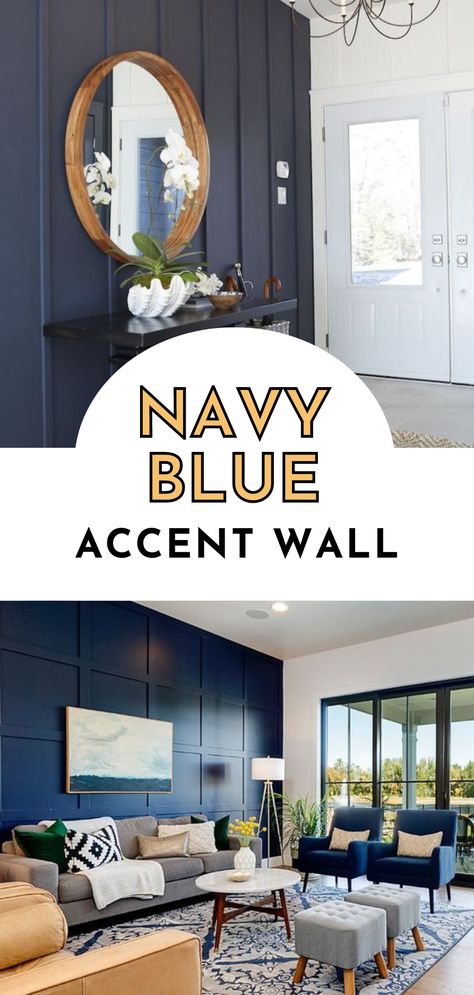 Navy blue accent wall! I’ve compiled a list of navy blue accent wall ideas for your living room, bedroom, bathroom, nursery room, and your office! Having dark blue accent wall adds so much color and richness, I love pairing with board and batten panelled wall. Get ideas and inspiration on these navy accent walls! Navy Walls Living Room, Blue Accent Wall Ideas, Blue Feature Wall Living Room, Blue Wall Decor Living Room, Blue Accent Wall Living Room, Dark Blue Feature Wall, Navy Blue Accent Wall, Blue Living Room Color Scheme, Blue Living Room Color