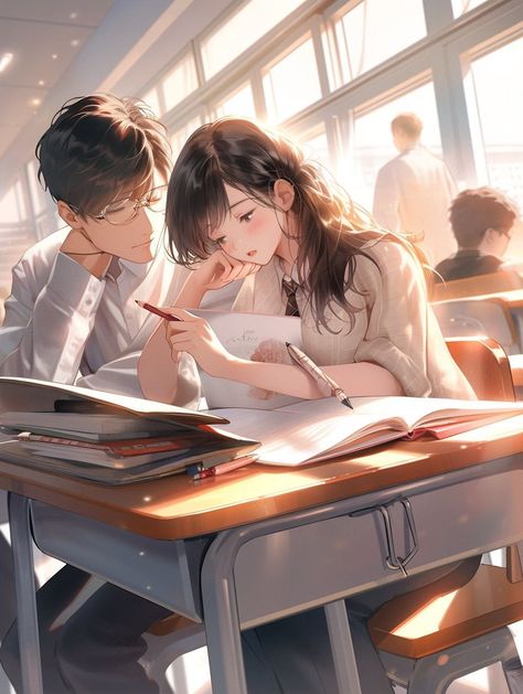 Anime Couples Sleeping, Teacher Student Love, Photography Backdrops Diy, Classroom Pictures, Digital Portrait Illustration, Image Couple, Anime Classroom, Love Cartoon Couple, Portraits Art