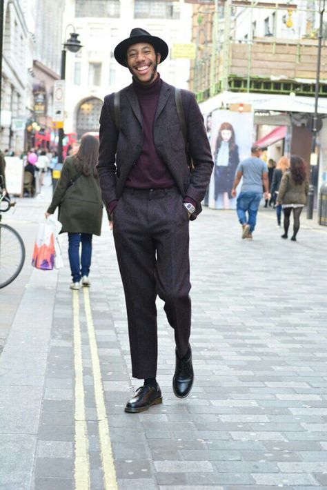 La Touche by David Nyanzi  Suit: Ben Sherman Turtle neck jumper: Ben Sherman Shoes: Dr. Martens Bag: Dr Martens Hat: Lock & Co Hatters Suit With Doc Martens, Dr Martens Bag, Doc Martens Men, Street Style Suit, Ben Sherman Shoes, Doc Martens Mens, Bedrooms Interior, Interior Creative, Newcastle Gateshead