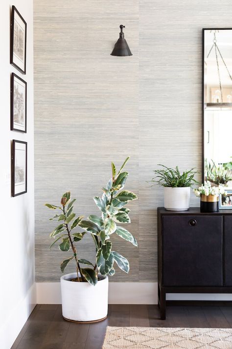 Living Room Textured Wallpaper, Seagrass Wallpaper Living Room, Living Wallpaper Ideas, Living Wall Wallpaper, Grasscloth Wallpaper Home Office, Neutral Office Wallpaper, Dining Room Neutral Wallpaper, Living Room Neutral Wallpaper, Grasscloth Wallpaper Hallway