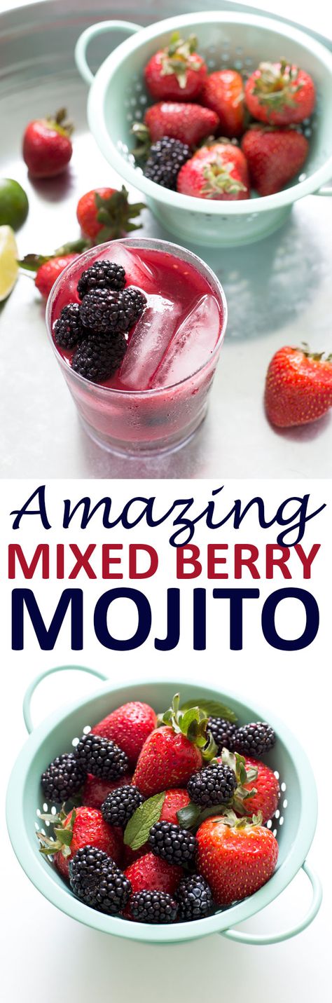 Mixed Berry Mojito made with fresh blackberries, strawberries, mint, lime and rum. Super refreshing and perfect for summer. Takes less than 5 minutes to make! | chefsavvy.com #recipe #mojito #berry #mint #cocktail #drink Berry Mojito Recipe, Berry Mojito, Easy Summer Cocktail Recipes, Mojito Ingredients, Chef Savvy, Whiskey Recipes, Pumpkin Coffee Cakes, Gin Recipes, Summer Drink Recipes