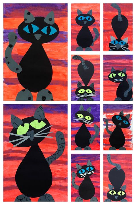 Cat Kindergarten Craft, Cat Art Preschool, Cat Art For Preschoolers, Cat Crafts For Kids, Black Cat Art Projects For Kids, Preschool Halloween Crafts Black Cat, Halloween Cat Crafts, Easy Kids Art Projects, Halloween Art Lessons