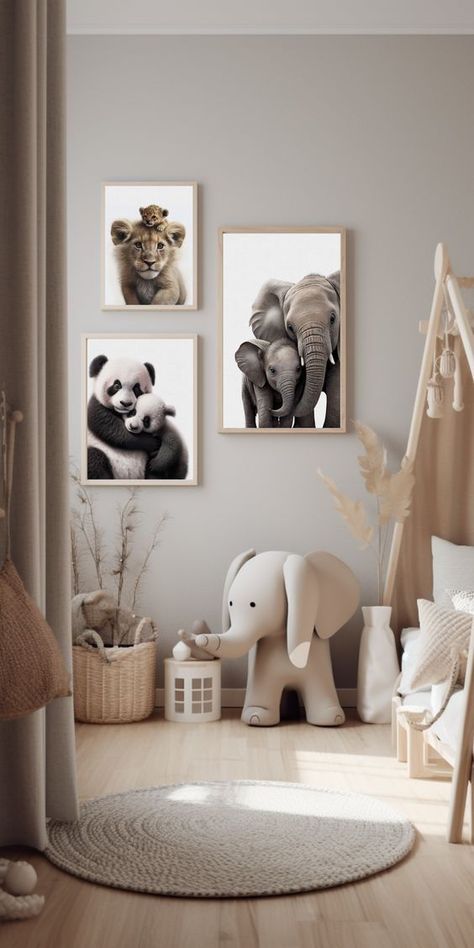 Nursery Room Animals, Baby Nursery Animals Theme, Baby Room Ideas Animals, Small Picture Wall Ideas, Nursery Ideas Animals, Boy Nursery Room, Kids Neutral Bedroom, Baby Room Themes Neutral, Room Babyboy