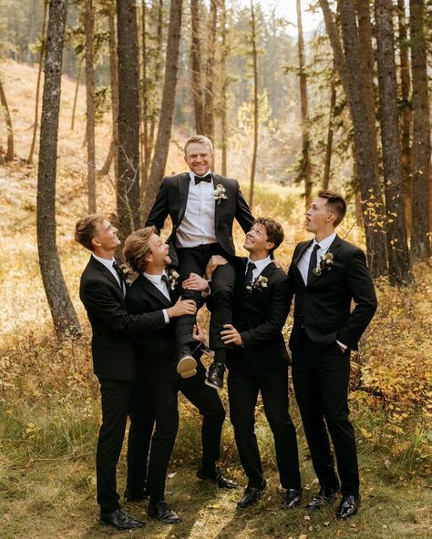 Fun groomsmen portraits at The Woodlands wedding venue in Bozeman, Montana | fall wedding colors, fall wedding ideas, bride and groom, green wedding party colors, earthy wedding colors, green bridesmaid dresses, mix and match fall bridesmaid dresses, black tie groomsmen, black bowtie groom, wedding photography, montana wedding photography Bridesmaid Dresses Black Tie, Earthy Wedding Colors, Black Tie Groomsmen, Bridesmaid Dresses Mix And Match, Wedding Colors Green, Green Wedding Party, Wedding Party Colors, Groomsmen Portraits, Montana Fall