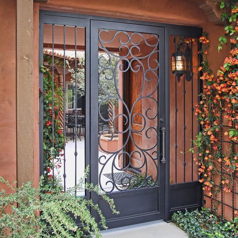 Bristol Iron Gate with Kickplate and Side Panels Modern Iron Gate Designs Front Entry Door, Iron Gate Designs Front Entry, Breezeway Gate, Dinng Table, Gate Color, House Front Gate, Wrought Iron Security Doors, Porch Gate, Iron Security Doors