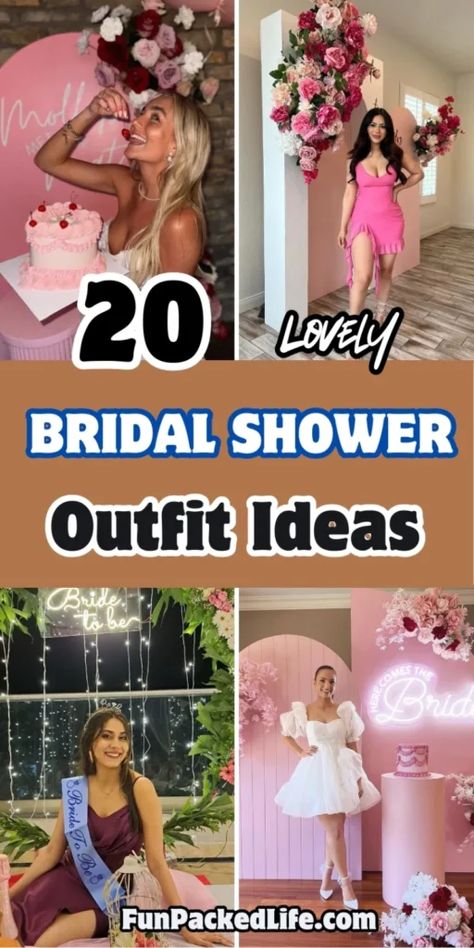 Collage of four bridal shower outfit ideas with pink floral decor. Top left shows blonde bride in pink setting with tiered cake. Top right features woman in hot pink dress with thigh slit against floral wall. Bottom left displays bride-to-be in burgundy silk dress with LED sign and sash. Bottom right shows white mini dress with puff sleeves against pink backdrop. Bride To Be Outfit Ideas, White Bridal Shower Outfit, Bridal Shower Outfits For Bride, Bridal Shower Outfit Ideas, White Mini Dresses, Unusual Outfits, Floral Backdrops, All Ideas, White Bridal Shower