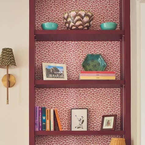 @sapphiechichesterltd on Instagram: "We designed a pair of bookcases for either side of a chimney breast with storage at low level and wallpaper backs for the open shelves above. Painted in an all time favourite Grenache by @paintandpaperlibrary  . . . . . #joinerydesign #joinery #bookcase #wallpaper #interiordesign #design #interiorinspiration #interiordecor #interiordecorating #sapphiechichesterltd" Low Level Bookcase, Shallow Bookcase, Bookcase Wallpaper, Wallpaper Bookcase, Joinery Design, Chimney Breast, Open Shelves, Joinery, Open Shelving