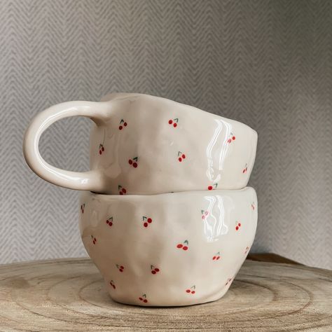 🍒🤍☕️🤭 #ceramics #pottery #handmade #mug #cherry Cherry Mug, Handmade Mug, Pottery Handmade, Ceramics Pottery, Mug Designs, Flower Painting, Art Ideas, Ceramic Mug, Cherry