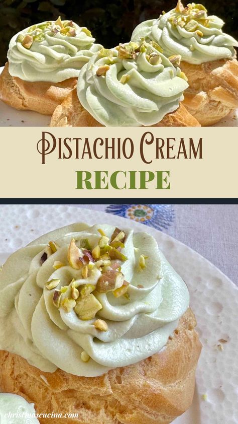 Pistachio Cruffin Recipe, Pistachio Pastry Cream Recipe, Pistachio Cannoli Filling, Pistachio Creme Recipes, Pistachio Eclairs Recipe, Pistachio Creme Patisserie, Pistachio Puff Pastry Dessert, Pistachio Cream Uses, Pistachio Cream Filling