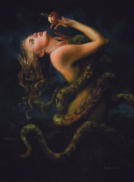 Gail Potocki, Snake Art, Greek Mythology Art, Mythology Art, Goddess Art, Adam And Eve, Pop Surrealism, Surreal Art, Easy Paintings