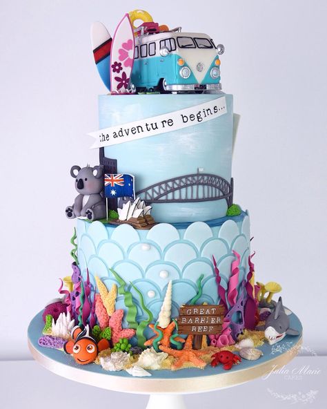 A leaving party cake for a lovely couple going off on their Australian adventures together 🇦🇺🐨🏄 #Australia#australiancake#adventurecake#greatbarrierreef#vwcamper#sydneyharbour#aussieadventures#koala Australia Cake, Farewell Cake, Julia Marie, Leaving Party, Travel Cake, Beach Cakes, Themed Birthday Cakes, Fashion Cakes, Lovely Couple