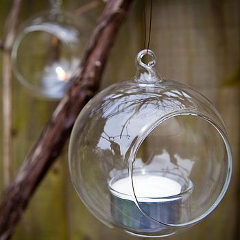 glass baubles Outdoor Venue Ideas, Alternative Lighting, Farmer Wedding, Tea Light Holder Hanging, Tea Light Holder Wedding, Festival Themed Wedding, Spring Wedding Decorations, Thanksgiving Tablescape, Ball Candles