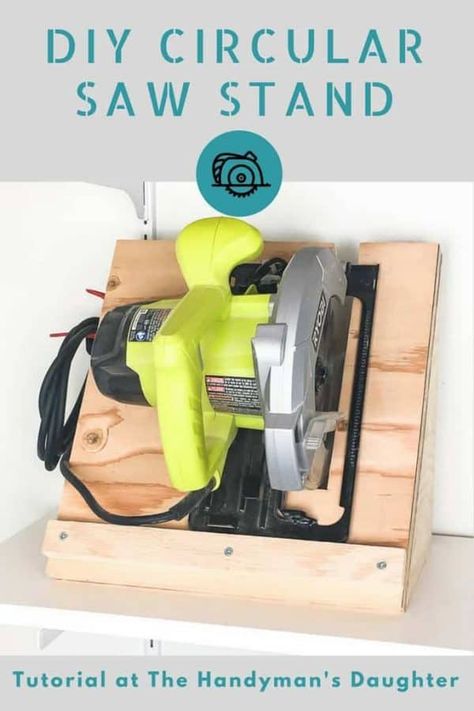 Keep your circular saw stored upright and ready to go! This circular saw storage rack is quick and easy to make with scrap plywood. Get the tutorial at The Handyman's Daughter! | woodworking project | workshop storage | garage storage | tool storage | circular saw ideas | scrap wood project Circular Saw Storage, Saw Storage, Scrap Wood Project, Best Circular Saw, Saw Stand, Storage Garage, Shop Stool, Wood Projects For Beginners, Best Woodworking Tools