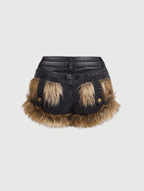 Women's Plushed Decorated Denim Shorts, School Black Casual   Denim Colorblock,All Over Print Bermuda Medium Stretch  Women Clothing, size features are:Bust: ,Length: ,Sleeve Length: Fur Shorts Y2k, Low Waist Shorts, Styl Grunge, Apple Bottom Jeans, Women Denim Shorts, Punk Woman, Estilo Grunge, Grunge Punk, Grunge Y2k