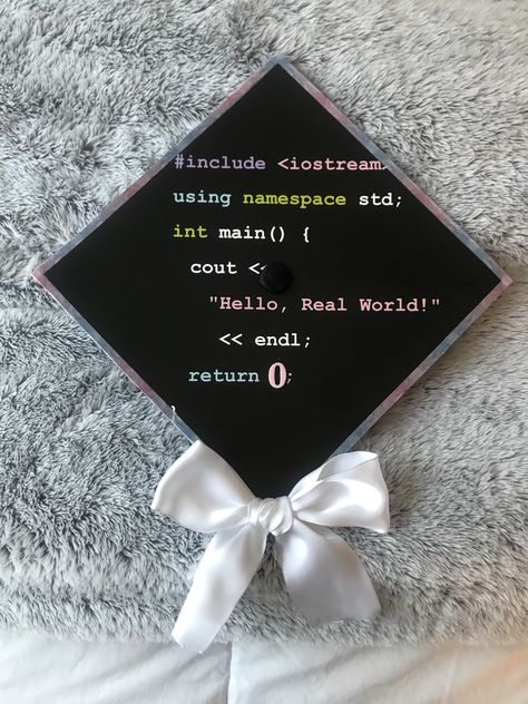 Computer Science graduation cap. “Hello, Real World!” Computer Science Graduation Cap, Wallpaper Computer Science, Science Grad Cap, Computer Science Wallpaper, Computer Science Graduation, Computer Science Funny, Computer Science Quotes, Science Graduation Cap, Computer Science Projects