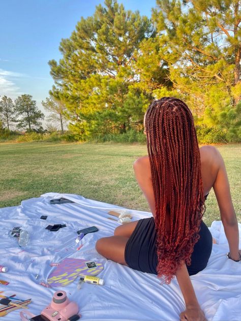 Copper Red Goddess Braids, Copper Red Braids, Red Ombre Braids, Fall Box Braids, Copper Box Braids, Burgundy Box Braids, Red Box Braids, Protective Style Braids, Black Red Hair