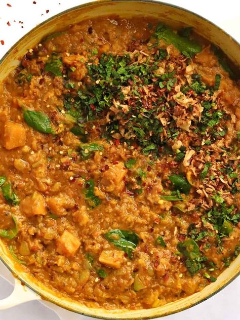 Dahl - with red lentils, butternut squash and spinach. Dahl Soup Recipe, Red Lentil Dahl Recipe, Red Lentil Dahl, Taming Twins, Celebration Recipes, Red Lentil Recipes, Dahl Recipe, Dhal Recipe, Butternut Recipes