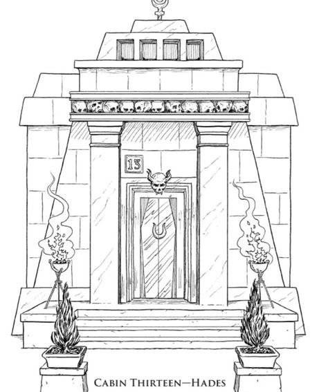 Hades' cabin (#13) was built at the end of The Last Olympian. The cabin houses demigod offspring of Hades. It was mainly designed by Nico di Angelo and constructed with help from summoned undead workers. Hades Cabin 13, Percy Jackson Tyson, Hades Cabin, Cabin Walls, Cabin Houses, Camp Half Blood Cabins, Hunter Of Artemis, Blood Of Olympus, Skeleton Warrior