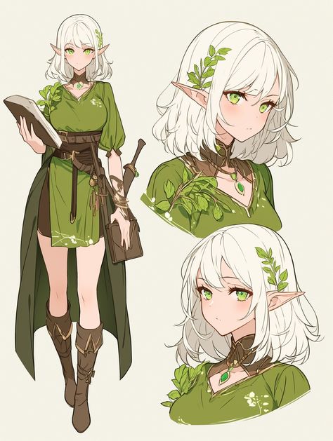 Wisteria Character Design, Elf Princess Character Design, Elf Anime Characters, Brunette Elf Female, Earth Elemental Character Design, Elf Oc Drawing, Elf Design Character, Elf Oc Girl, Season Character Design