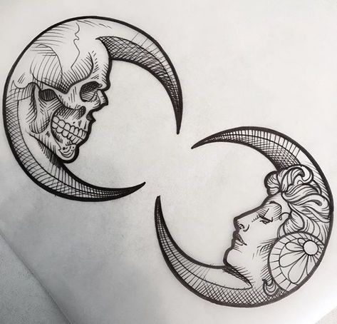 Luna skull Moon Sketch Tattoo, Duality Tattoo Ideas, Kunst Tattoos, Tattoo Zeichnungen, Arm Tattoos, Design Tattoo, Skull Tattoos, Trendy Tattoos, Tattoo Design Drawings