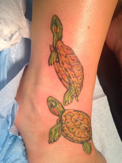 Red eared slider turtle tattoos <3 by Theresa at sabbath tattoo in bellingham, wa! Red Ear Turtle, Turtles Pet, Red Eared Slider Turtle, Turtle Facts, Turtle Tattoos, Slider Turtle, Tattoo Behind Ear, Sea Turtle Tattoo, Red Eared Slider