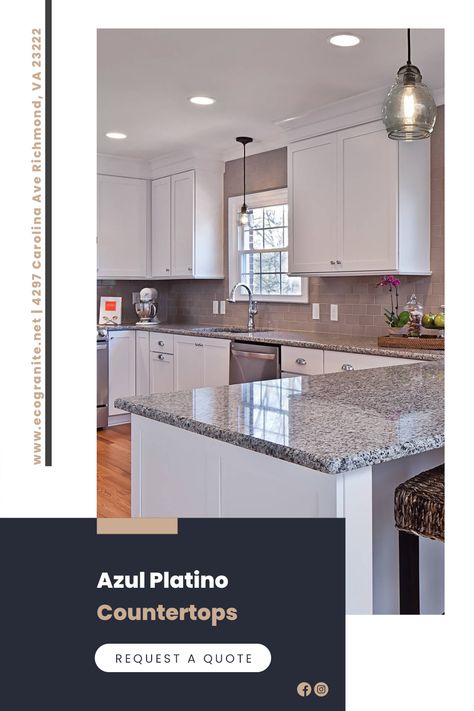 Azul Platino Granite Countertops, Speckled Granite Countertops, Kitchen Design Granite Countertops, Azul Platino Granite, Gray Kitchen Countertops, Honed Granite, Kitchen Refresh, Design Remodel, Grey Kitchen