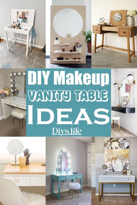 DIY Makeup Vanity Table Vanity Desk Diy, Small Vanity Ideas Bedroom Diy, Homemade Vanity Ideas Diy, How To Make A Vanity, Make Up Vanity Ideas Diy, Makeshift Vanity, Make Up Table Ideas, Diy Small Desk, Diy Vanity Ideas