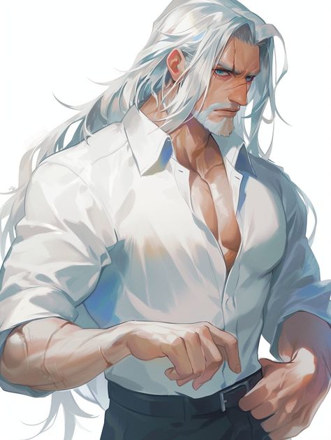 Fantasy Hair Male, White Hair Male Character, White Hair Boy Oc, Old Man Oc Art, White Hair Male Character Design, White Hair Oc Male, Older Male Character Design, Gladiolus Ffxv, White Hair Men