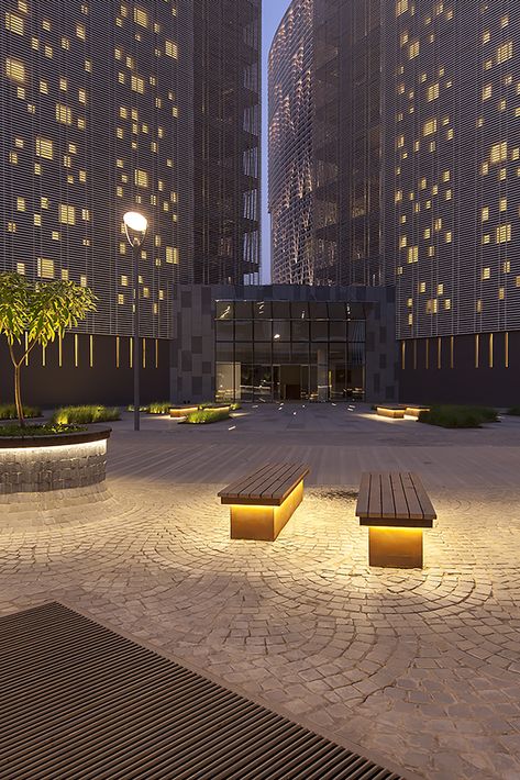 Gallery of Mondeal Square in Ahmedabad / Blocher Blocher India Pvt. Ltd. - 3 Bench Lighting, External Design, Parking Tiles, Urban Design Concept, Landscape Lighting Design, Architectural Lighting Design, Outdoor Landscape Lighting, Urban Lighting, Urban Furniture