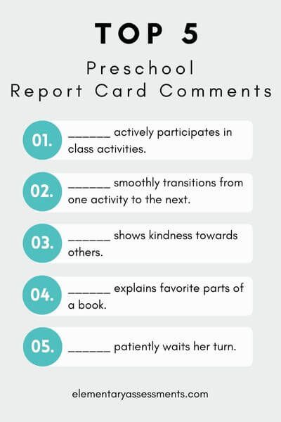 Preschool Report Card Comments Kids, Report Comments Preschool, Positive Report Card Comments For Kindergarten, Preschool Report Card Comments Teachers, Montessori Report Card Comments, Teacher Comments For Report Cards Preschool, Preschool Report Card Comments Kindergarten, Report Card Comments For Preschoolers, Progress Report Comments Kindergarten