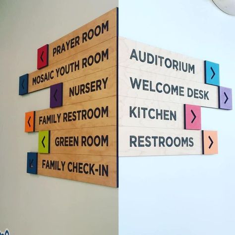 School Entrance Decor Ideas Building, Directional Signage Design Ideas, Hallway Signs For School, Church Signage Interior, Parent Resource Wall Church, Children’s Ministry Decor, School Entrance Decor Ideas, School Corridor Decoration Ideas, Church Lobby Design Foyers