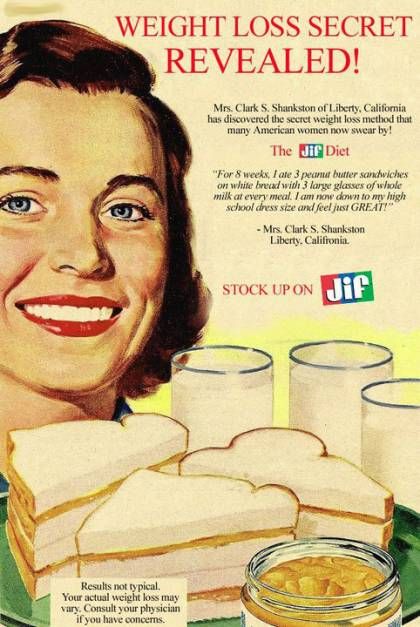 Vintage Health Ads That Actually Give Horrible Advice Health Ads, Quick Diet, Food Advertising, Food Ads, Retro Recipes, Secrets Revealed, Vintage Recipes, Vintage Ads, Peanut Butter