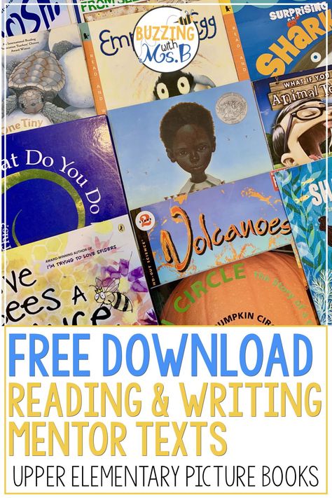 This post gets you started with a free download full of mentor text  ideas! This list of upper elementary picture books includes titles for  teaching reading and writing. Get personal narrative Reading Skills And Strategies, Teaching Character Traits, Writing Mentor Texts, Teaching Theme, Teaching Reading Skills, Reading Poetry, Text Ideas, Teaching Character, Kid Books