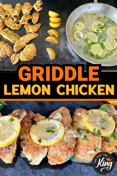 Looking for easy Blackstone chicken recipes to make on the griddle to switch things up a bit?  Make this yummy griddle lemon chicken!  With a few basic ingredients that you probably already have like chicken stock, flour, lemons, and butter you can make a this delicious, juicy chicken on the griddle or flat top grill! Chicken Recipes For Blackstone Griddle, Healthy Blackstone Griddle Recipes Dinners Chicken, Blackstone Chicken, Chicken Stir Fry On Flat Top Grill, Chicken Breast On Blackstone Griddle, Bbq Chicken On Blackstone Griddle, Blackstone Chicken Recipes, Grilled Chicken Breast Recipes, Recipes With Chicken And Peppers