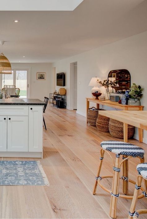 Character Rift & Quarter Sawn White Oak Flooring in 10″ widths creates a comfortable scene for this open-concept cottage on Martha’s Vineyard. Waterbury’s two-tonal low sheen brings warm, rich hues with subtle white accents, adding a touch of elegance and warmth. 🌿✨  📸 Joe Kravetz  #vermontplankflooring #homedesign #homedecor #flooringideas #interiorinspiration #interiordesign #flooring #hardwood #woodwork #handcrafted #handmade #whiteoak #characterwhiteoak Oak Hardwood Floors, White Oak Flooring, Flooring Hardwood, House Organization, White Oak Hardwood Floors, Wood Floor Kitchen, Quarter Sawn White Oak, Oak Hardwood Flooring, White Oak Floors