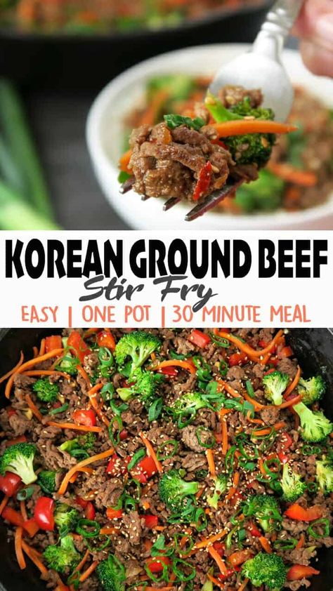 Korean Ground Beef Stir Fry is beef and veggies cooked in a sweetened soy sauce mixture. It's a healthy, quick & easy One Pot meal! ? Click ?for the full detailed recipe and full video! #koreanfood #groundbeefrecipes #30minutemeals #stirfryrecipes #healthyrecipe #onepotmeal Beef Crockpot Recipes Healthy, Stir Fry Easy, Ground Beef Stir Fry, Ground Beef Crockpot Recipes, Recipes Hamburger, Beef And Veggies, Korean Ground Beef, 30 Minute Meals Easy, Ground Beef Recipes Healthy