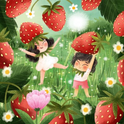 Berry Garden for #drawberrydays . I really love eating strawberries but drawing them is another matter. I never seem to be happy with the ones I draw. Same here haha and I kinda like my sketch better than the finished illustration. A day late as I was doing the meta boycott thing yesterday but really, I find it very easy not to post here at the moment! ANywayyy I hope you like this! And of course I forgot their strawberry leaf wings! 😂😢 . Swipe to see my sketch and the prompts from the lovely... Strawberry Patch Drawing, Strawberry Garden Drawing, Strawberry House Illustration, Strawberry Flower Illustration, Strawberry Illustration Cute, Strawberry Garden Illustration, Strawberry Illustration, Strawberry Leaf, Strawberry Drawing