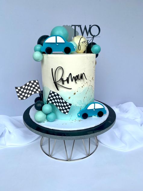 Too Fast Too Curious Birthday Cake, 2 Fast Too Curious Cake, Car Cake 2nd Birthday, 2 Fast Cake Ideas, Blue Car Cake, 2 Fast 2 Furious Birthday Cake, Fast One Birthday Party Cake, Two Fast Birthday Cake Ideas, Two Fast Two Curious Cake