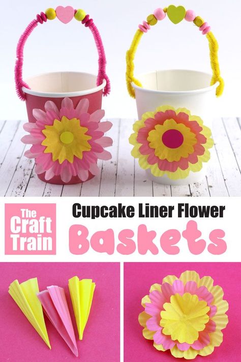 Cupcake liner flower baskets. This is a cute and easy basket kids can make for Easter using a paper cup as the basket and a beaded pipe cleaner as the handle – so pretty! #easterbasket #eastercraft #spring #kidscrafts #papercup #flowercraft #cupcakeliners Cupcake Liner Flowers, Train Crafts, May Day Baskets, Paper Cup Crafts, Easter Basket Crafts, Flower Baskets, Basket Crafts, Crafts For Seniors, Easter Basket Diy