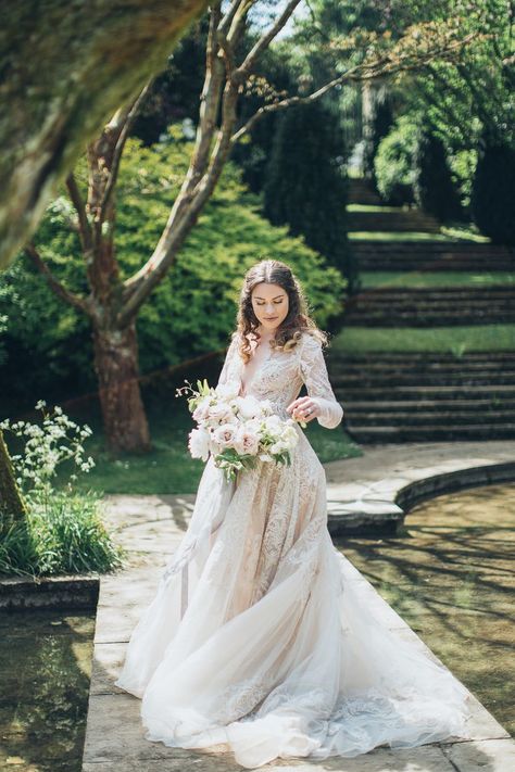 Romantic wedding gown, full skirt, white and blush wedding bouquet with gold silk ribbons, romantic design, english garden wedding, fine art bride, Countryside Weddings, Wedding Countryside, Wedding Ethereal, English Countryside Wedding, English Country Wedding, Blush Bouquet Wedding, Cottagecore Wedding, English Country Weddings, English Estate