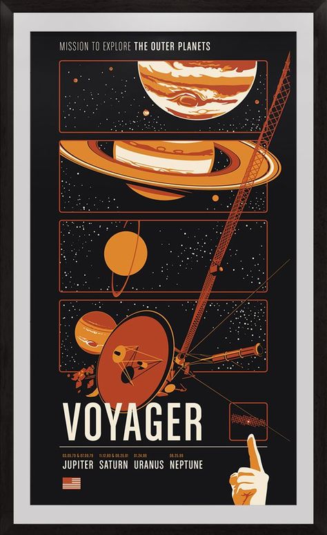 Voyager 2 holds the record for most celestial bodies observed in a single mission having flown by four planetary systems. Then of course Voyager 1 also became the first man-made interstellar object with Voyager 2 expected to do the same in 2016. #Posters by #Chopshopstore Voyager 1 Wallpaper, Space Exploration Poster, Nasa Posters, Nasa Illustration, Celestial Poster, Retro Space Posters, Vintage Space Poster, Space Posters, Space Travel Posters