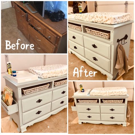 Old Dresser Changing Table, Dresser Turned Into Changing Table, Upcycled Furniture Baby Room, Dresser To Changing Table Diy, Changing Table Dresser Repurpose, Painted Changing Table, Dresser Changing Table Diy, Diy Dresser Changing Table, Dresser Into Changing Table