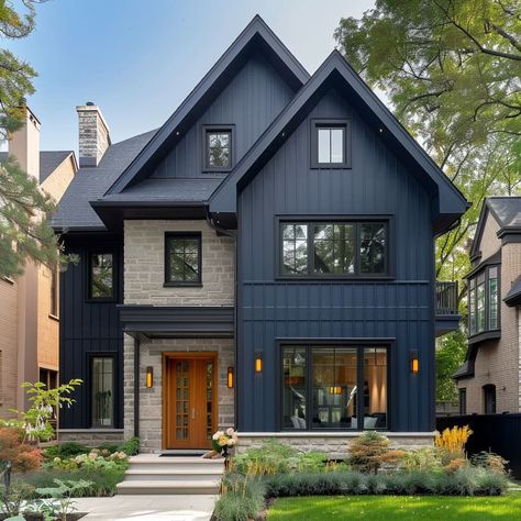 Blue Siding With Black Trim, Navy Blue And Black House Exterior, Dark Blue Board And Batten Exterior, Modern Blue House Exterior, Black Trim House Exterior, Blue House Black Trim, Dark Blue House Exterior With Wood, Navy Blue Siding, Siding With Black Trim